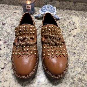 Saint G Studded Brown Chain Buckle Loafers Shoes